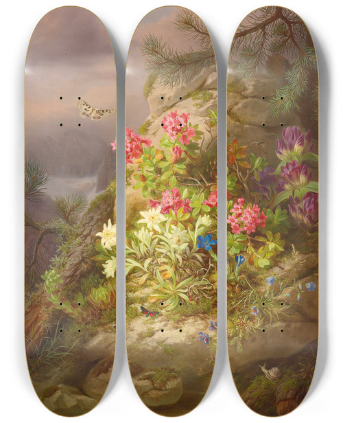 Triptych art skateboard deck of Josef Lauer Still Life With Snail by Josef Lauer (1818-1881)
