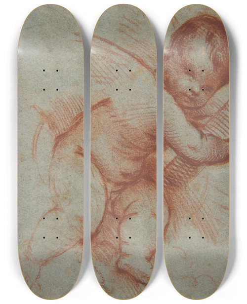 Triptych art skateboard deck of Circle Of Titian Winged Putto Holding The Base Of A Cross by Circle of Titian (1506-1576)