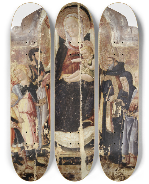 Triptych art skateboard deck of Neri Di Bicci Virgin And Child Enthroned With Saints by Neri di Bicci (1419-1491)