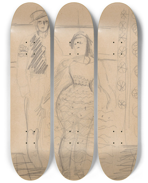 Triptych art skateboard deck of Cyprin Majernk Skicr_34 by Cyprian Majernik (1909-1945)