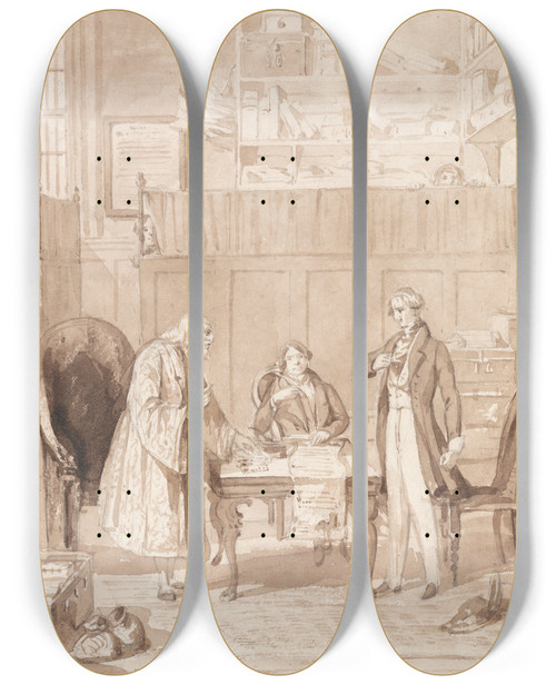 Triptych art skateboard deck of Henry Dawe The Life Of A Nobleman Scene The Sixth The Usurer by Henry Dawe (1790-1848)