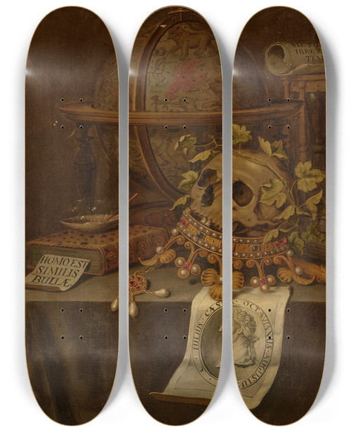 Triptych art skateboard deck of Edwaert Collier A Skull Atop A Jewelled Crown An Astrological Globe An Hourglass A Book A Shell With Soap Bubbles And An Engraved Portrait Of The Emperor Augustus On A Draped Table by Edwaert Collier (1640-1707)