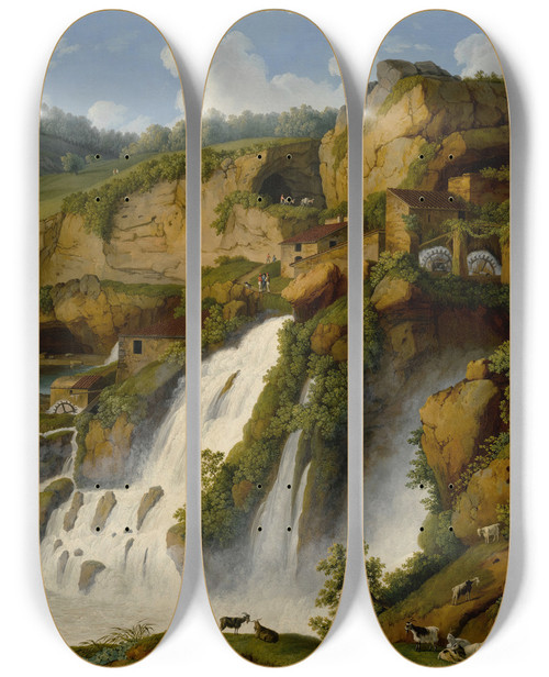 Triptych art skateboard deck of Jakob Philipp Hackert View Of The Waterfall At Anitrella With Goats Grazing Nearby_2 by Jakob Philipp Hackert (1737-1807)