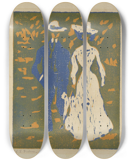 Triptych art skateboard deck of Ernst Ludwig Kirchner Couple Taking A Stroll by Ernst Ludwig Kirchner (1880-1938)