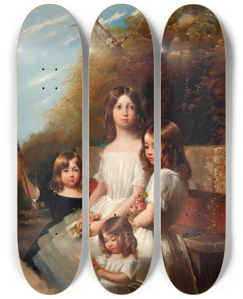 Triptych art skateboard deck of Henry Barraud Group Portrait Of Four Children In A Landscape by Henry Barraud (1811-1874)