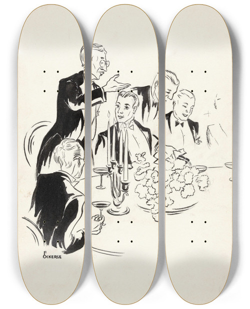 Triptych art skateboard deck of F Ockerse Man Geeft Een Speech Bij Een Diner by F Ockerse (20-)