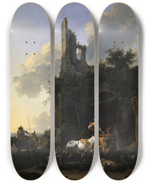 Triptych art skateboard deck of Nicolaes Pietersz Berchem Rest In Front Of A Tavern by Nicolaes Pietersz Berchem (1620-1683)