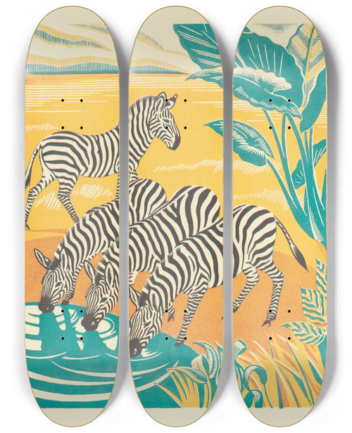Triptych art skateboard deck of Clifford Webb A Jungle Picnic Pl25 by Clifford Webb (1894-1972)