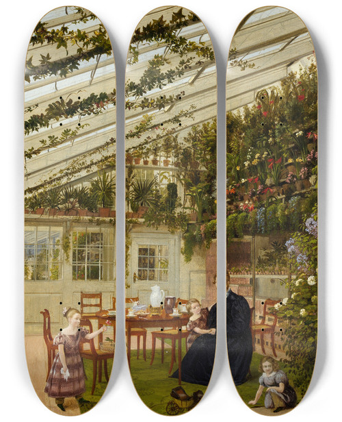 Triptych art skateboard deck of Eduard Gaertner The Family Of Mr Westfal In The Conservatory by Eduard Gaertner (1801-1877)
