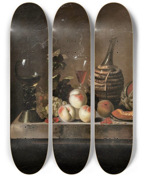 Triptych art skateboard deck of Jakob Bogdny Still Life With Fruit A Wine Flask In A Basket And A Large Roemer by Jakob Bogdany (1660-1724)