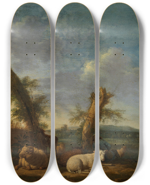 Triptych art skateboard deck of Adriaen Van De Velde Landscape With Sheep And A Sleeping Shepherd by Adriaen van de Velde (1636-1672)