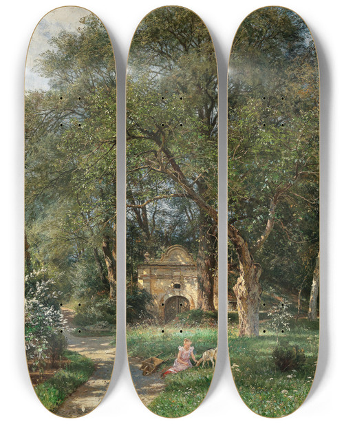 Triptych art skateboard deck of Hugo Darnaut In The Castle Park by Hugo Darnaut (1850-1937)