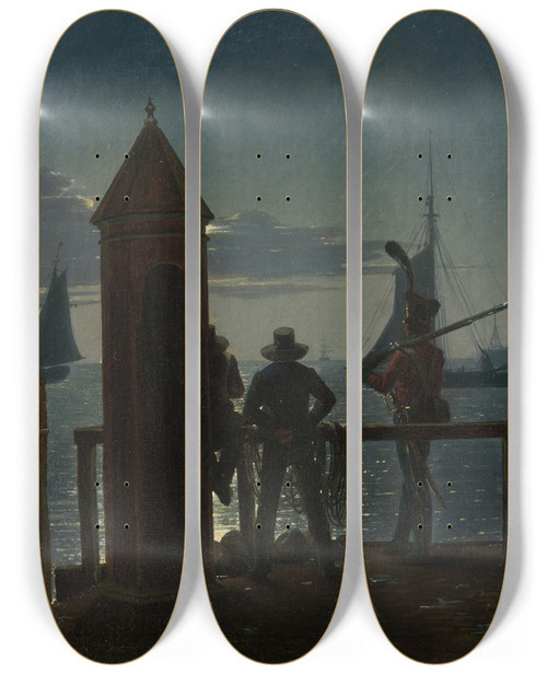 Triptych art skateboard deck of Martinus Rrbye View From The Citadel Ramparts In Copenhagen By Moonlight by Martinus Rorbye (1803-1848)