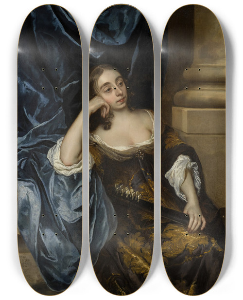 Triptych art skateboard deck of Sir Peter Lely Portrait Of Elizabeth Capel Countess Of Carnarvon With A Guitar by Sir Peter Lely (1618-1680)