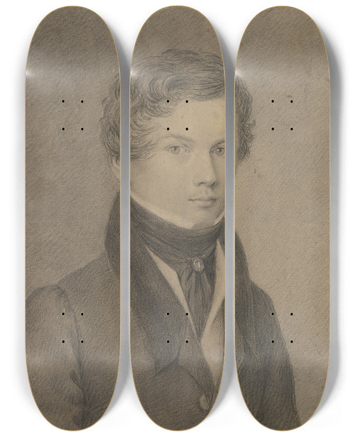 Triptych art skateboard deck of Ferdinand Ruscheweyh Brustbildnis Eines Jungen Mannes Halb Nach Rechts by Ferdinand Ruscheweyh
