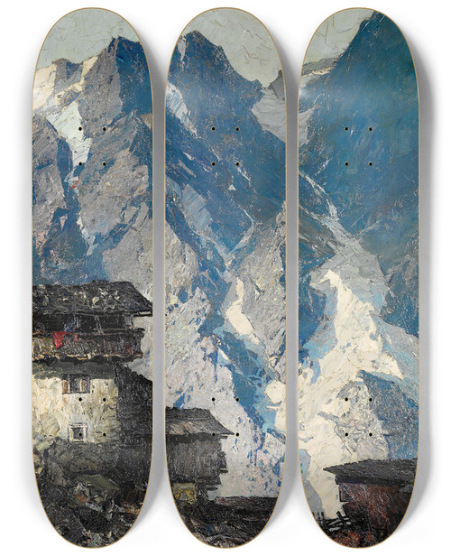 Triptych art skateboard deck of Oskar Mulley Berghof Vor Gletscherlandschaft by Oskar Mulley (1891-1949)
