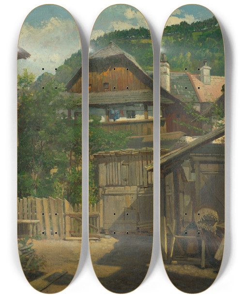 Triptych art skateboard deck of Vojtech Angyal Old Kremnica by Vojtech Angyal (1847-1928)