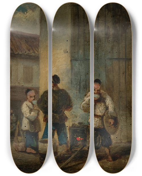Triptych art skateboard deck of George Chinnery Three Men Drinking Soup Around A Brazier by George Chinnery (1774-1852)