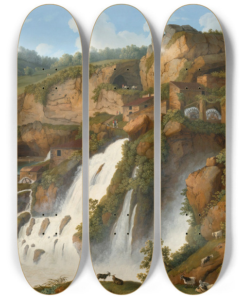 Triptych art skateboard deck of Jakob Philipp Hackert View Of The Waterfall At Anitrella With Goats Grazing Nearby_1 by Jakob Philipp Hackert (1737-1807)