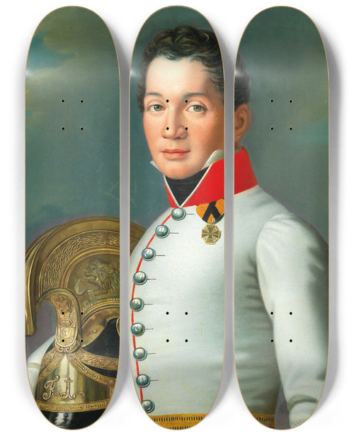 Triptych art skateboard deck of Anton Einsle Portrait Of A Lieutenant Of The 4Th Upper Austrian And Salzburg Dragoons by Anton Einsle (1801-1871)