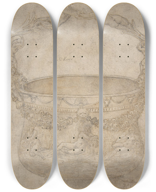 Triptych art skateboard deck of Girolamo Genga Design For A Bucketlike Vessel With A Handle Of Interlaced Figures On A Body Adorned With Bucrania Garlands And Three River Gods by Girolamo Genga (1476-1551)