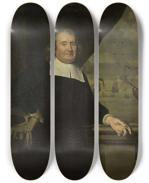 Triptych art skateboard deck of Michiel Van Musscher Portrait Of A Captain Or Shipowner by Michiel Van Musscher (1645-1705)