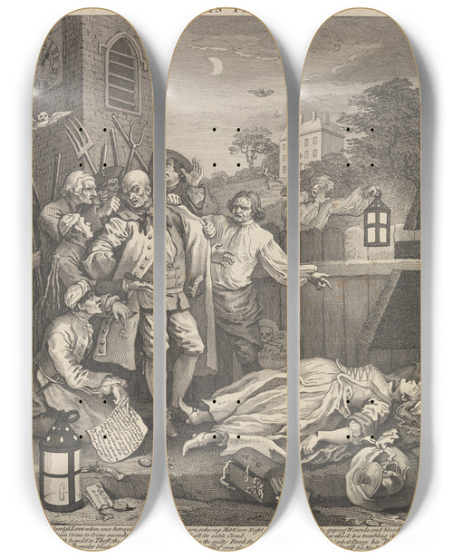 Triptych art skateboard deck of William Hogarth The Four Stages Of Cruelty Cruelty In Perfection The Murderer by William Hogarth (1697-1764)