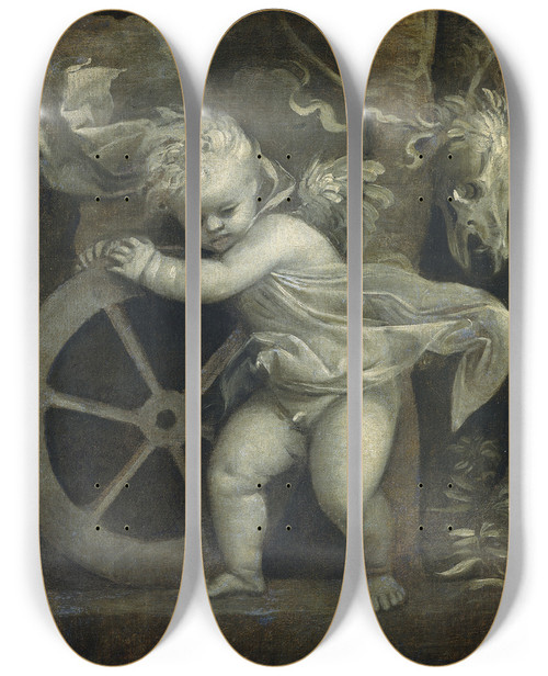 Triptych art skateboard deck of Titian Cupid With The Wheel Of Time by Titian (1488-1576)