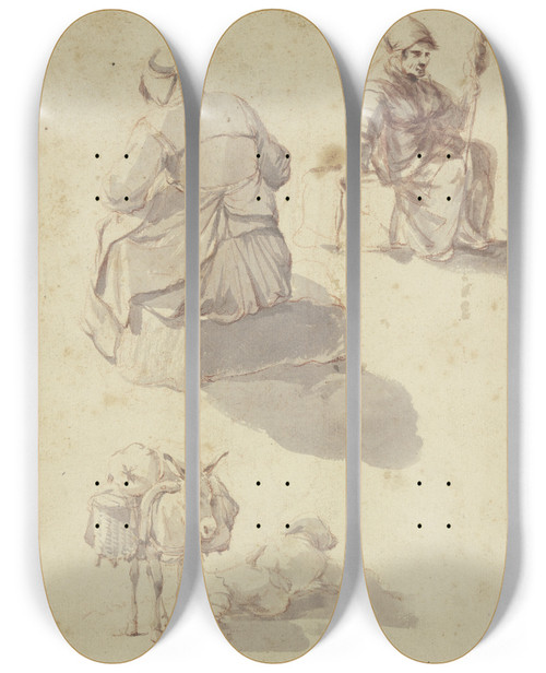 Triptych art skateboard deck of Karel Dujardin Eine Spinnende Frau Eine Weitere Sitzende Fau In Rckansicht Sowie Ein Beladener Esel Neben Ihm Der Schlafende Treiber by Karel Dujardin (1622-1678)