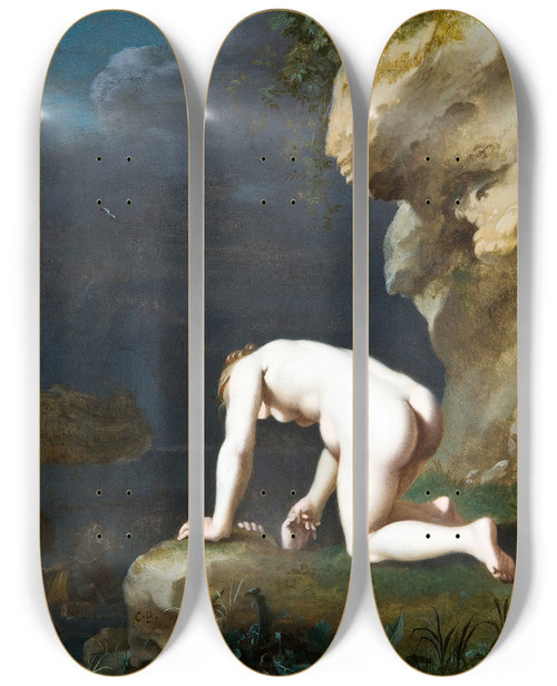 Triptych art skateboard deck of Cornelis Van Poelenburch The Goddess Calypso Rescues Ulysses by Cornelis Van Poelenburch (1594-1667)