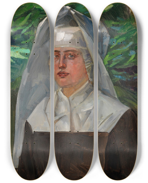 Triptych art skateboard deck of Wilhelm Trbner Schwester Ferdinande by Wilhelm Trubner (1851-1917)