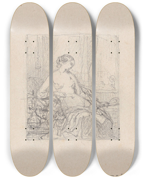 Triptych art skateboard deck of Nicaise De Keyser Woman With Mirror by Nicaise De Keyser (1813-1887)