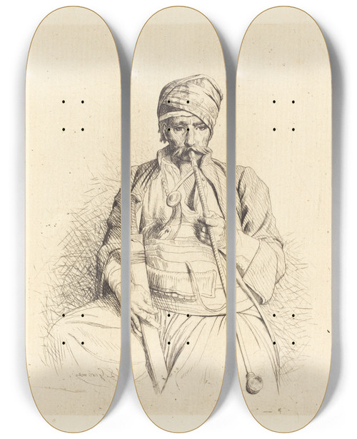 Triptych art skateboard deck of Jeanlon Grme Seated Arab With Pipe by Jean-Lon Grme (1824-1904)