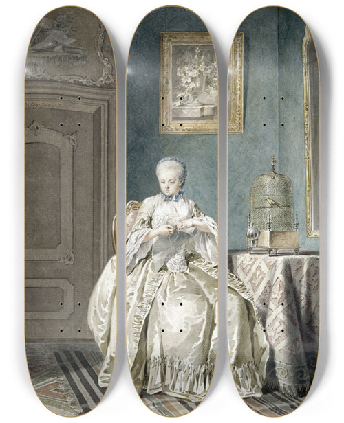 Triptych art skateboard deck of Jacobus Buys Jeune Brodeuse La Cage by Jacobus Buys (1724-1801)