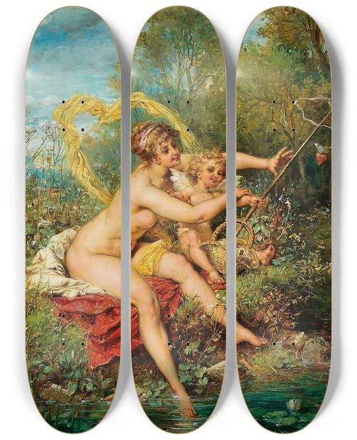Triptych art skateboard deck of Hans Zatzka Fishing by Hans Zatzka (1859-1945)