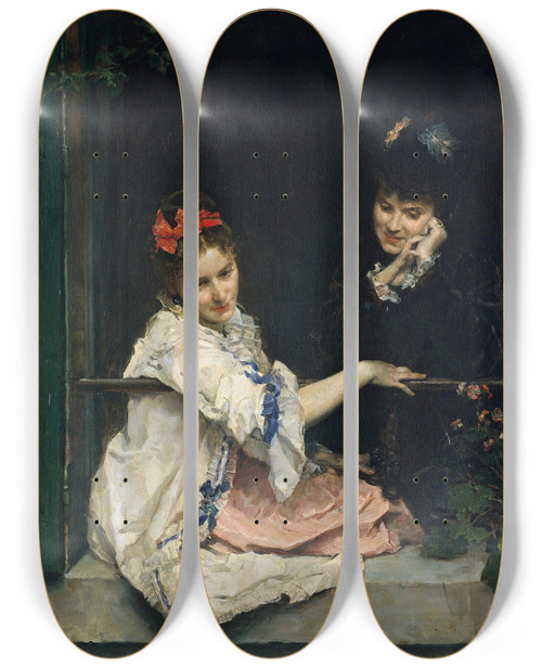 Triptych art skateboard deck of Raimundo De Madrazo Y Garreta Girls At A Window by Raimundo De Madrazo Y Garreta (1841-1920)