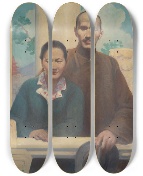 Triptych art skateboard deck of Samuel Johnson Woolf Chiang Kaishek And Madame Chiang by Samuel Johnson Woolf (1880-1948)