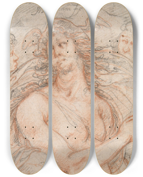 Triptych art skateboard deck of Jacob Matham Mercury With Heads Of An Old And A Youngman by Jacob Matham (1571-1631)