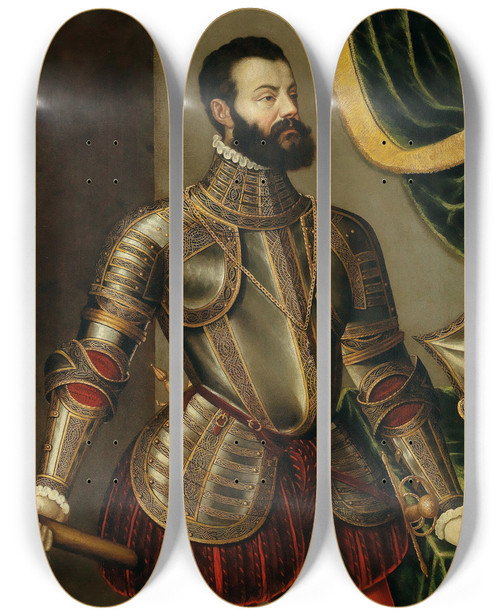 Triptych art skateboard deck of Agostino Galeazzi Portrait Of A Commander Alfonso Davalos Marchese Del Vasto by Agostino Galeazzi (1523-1579)