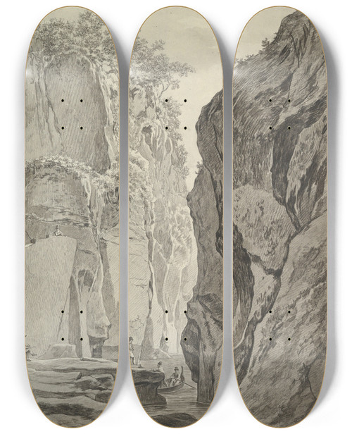 Triptych art skateboard deck of Danil Dupr Figures Boating In A Gorge Near Sorrento by Daniel Dupre (1751-1817)