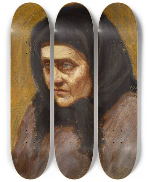Triptych art skateboard deck of Akseli Gallenkallela Mustahuivinen Nainen by Akseli Gallen Kallela (1865-1931)