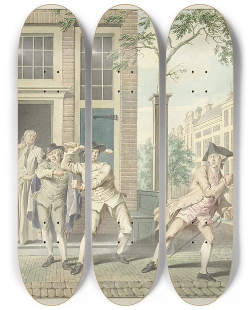 Triptych art skateboard deck of Jacobus Buys Scene Uit Pefroen Met Het Schaapshoofd by Jacobus Buys (1724-1801)