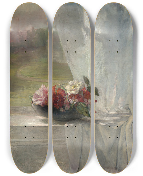 Triptych art skateboard deck of John La Farge Flowers On A Window Ledge by John La Farge (1835-1910)