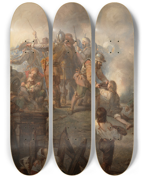 Triptych art skateboard deck of Barend Wijnveld The Heroic Defense Of Aardenburg Anno 1672 by Barend Wijnveld (1820-1902)