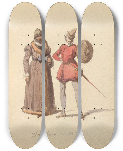 Triptych art skateboard deck of John Richard Coke Smyth Sketches Of Costume Pl073 by John Richard Coke Smyth (1808-1882)