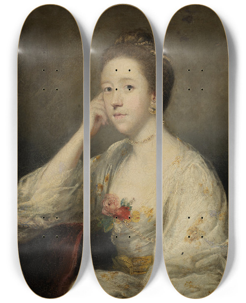 Triptych art skateboard deck of Sir Joshua Reynolds Portrait Of A Lady In White by Sir Joshua Reynolds (1723-1792)