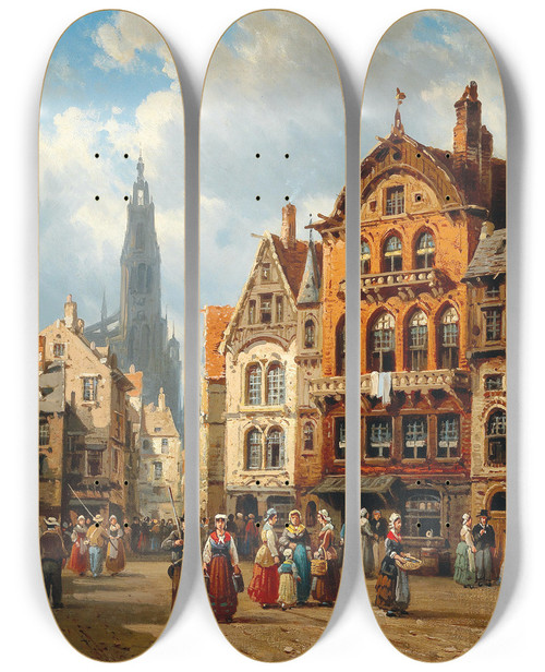 Triptych art skateboard deck of Charles Euphrasie Kuwasseg Antwerp by Charles Euphrasie Kuwasseg (1833-1904)