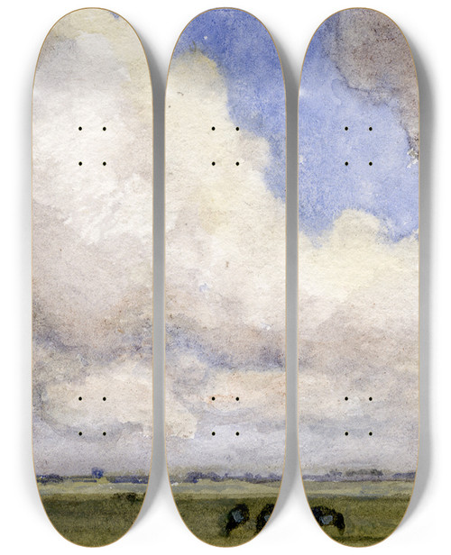 Triptych art skateboard deck of Frans Smissaert Hoge Wolkenlucht Boven Weilanden_4 by Frans Smissaert (1862-1944)