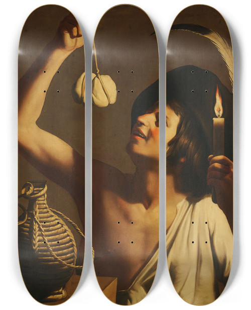 Triptych art skateboard deck of Gerard Van Honthorst A Young Man Holding A Burning Candle And A Scamorza Cheese A Fiasco Bottle Beside Him by Gerard Van Honthorst (1592-1656)