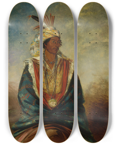 Triptych art skateboard deck of George Catlin Telmazhza A Warrior Of Distinction by George Catlin (1796-1872)